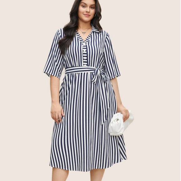 BloomChic Plus size 4XL Striped Belted Shirt Collar Button Up Dress us26 - Picture 4 of 5
